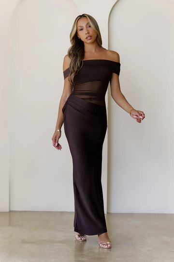 Veiled Whispers Off Shoulder Maxi Dress Brown