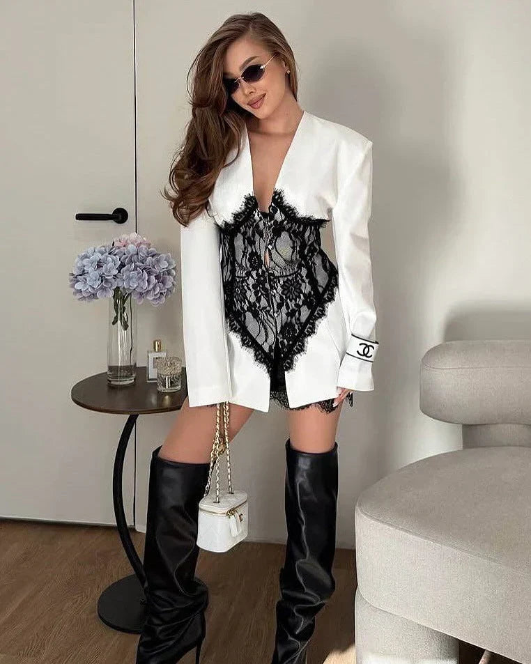 Annalise | Women'S V-Neck Lace-Splicing Blazer-Style Mini Dress